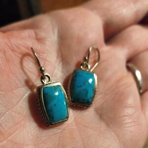 Bares GenuineTurquoise and 925 Silver Rectangular Dangle Earrings
